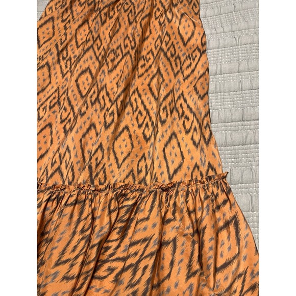Joie Orange Aztec Southwestern Boho 100% Silk Summer Ruffle Dress Size 12 - Picture 2 of 8